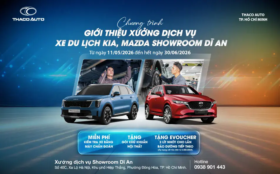 THACO AUTO TP.HCM GIỚI THIỆU XƯỞNG DỊCH VỤ XE DU LỊCH KIA, MAZDA TẠI SHOWROOM DĨ AN